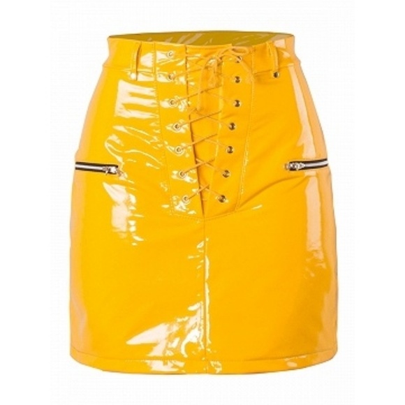 High Waist Yellow Lace Up Skirt - Picture 1 of 4